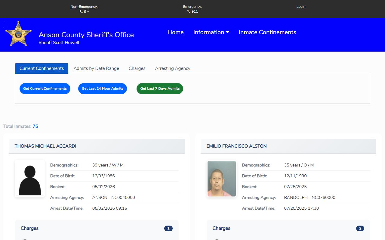Anson County inmate population Citizen Connect jail roster search