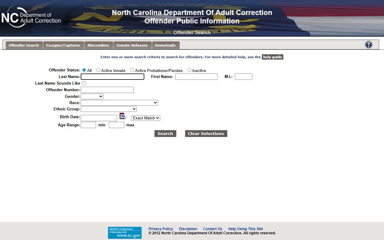 NCDAC Offender Public Information Search fields for North Carolina state prison lookup
