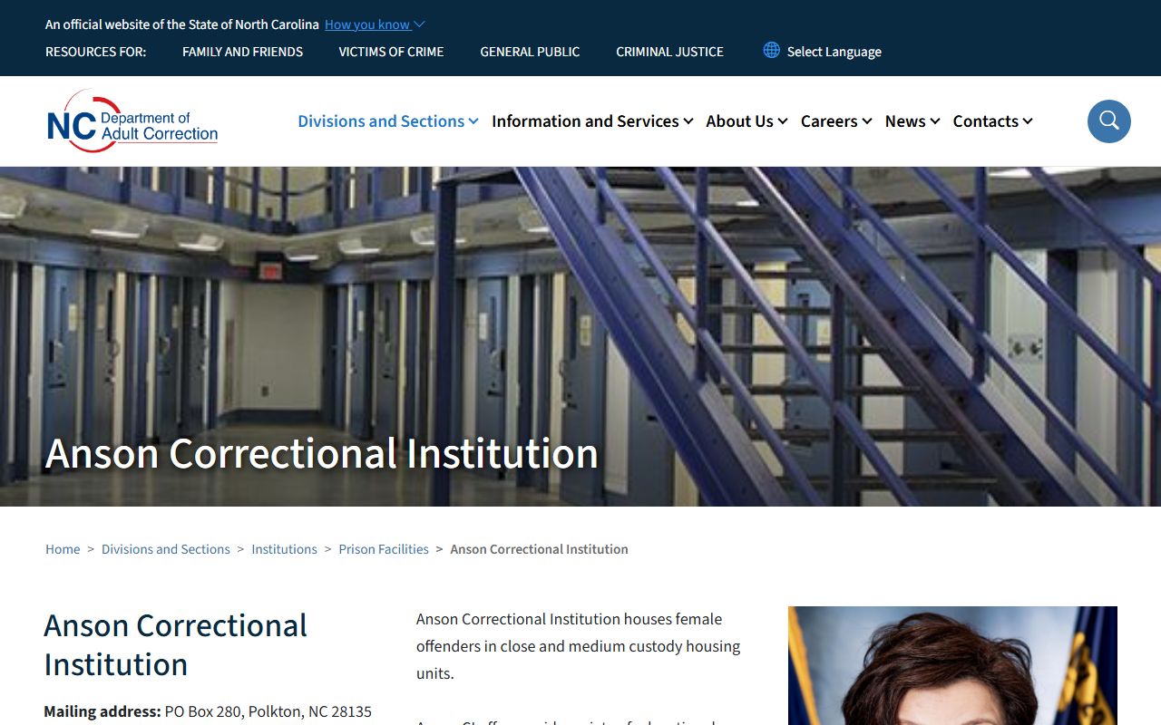 NCDAC profile page for Anson Correctional Institution showing facility capacity and program information