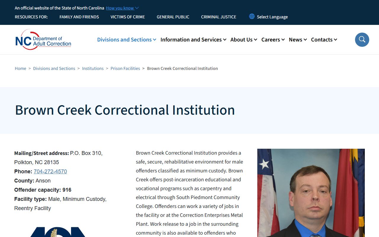 NCDAC Brown Creek Correctional Institution profile with capacity and ACA accreditation badge