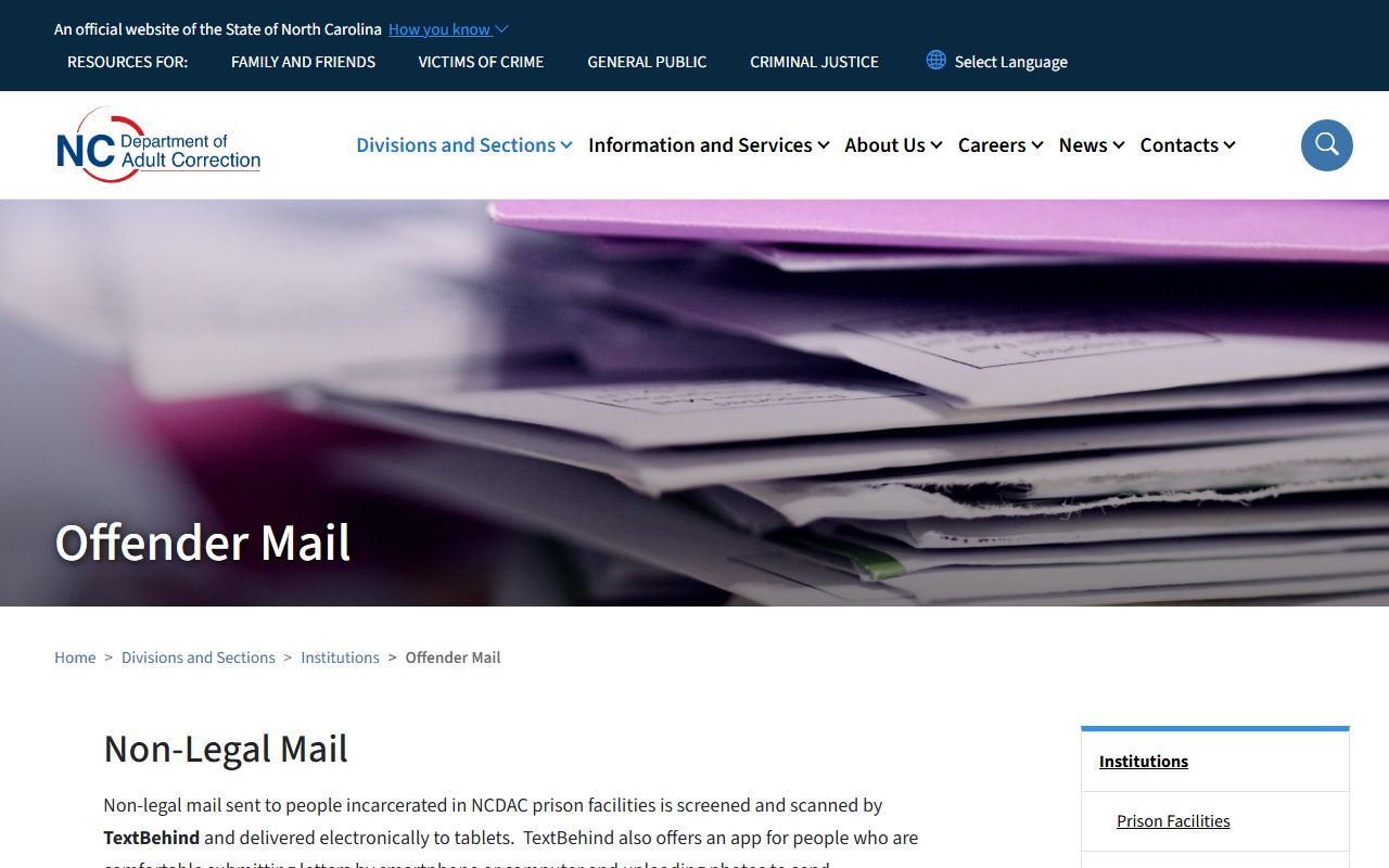 NCDAC TextBehind offender mail instructions and prison mail address format